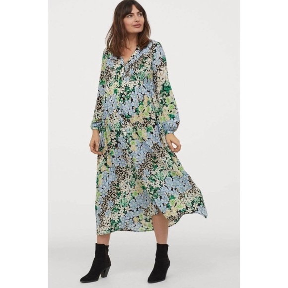 H&M‎ Midi Dress Tiered Multicolored Floral Long Sleeves Size Medium - Picture 8 of 8